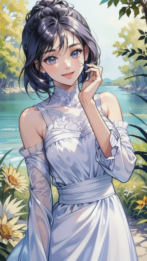 ((masterpiece, Best Quality, Best Quality)),((1 person)),Highly detailed face、Highly detailed eyes、Highly detailed skin、Highly detailed fingers、Highly detailed nose、Highly detailed mouth、Anatomically Perfect Fingers、Anatomically perfect arm、Detailed Background,((A happy smile)),((Sounds fun!)),(Lakeside),(White dress),(sexy),(Exposed shoulders),(Summer sunshine),(Dynamic)