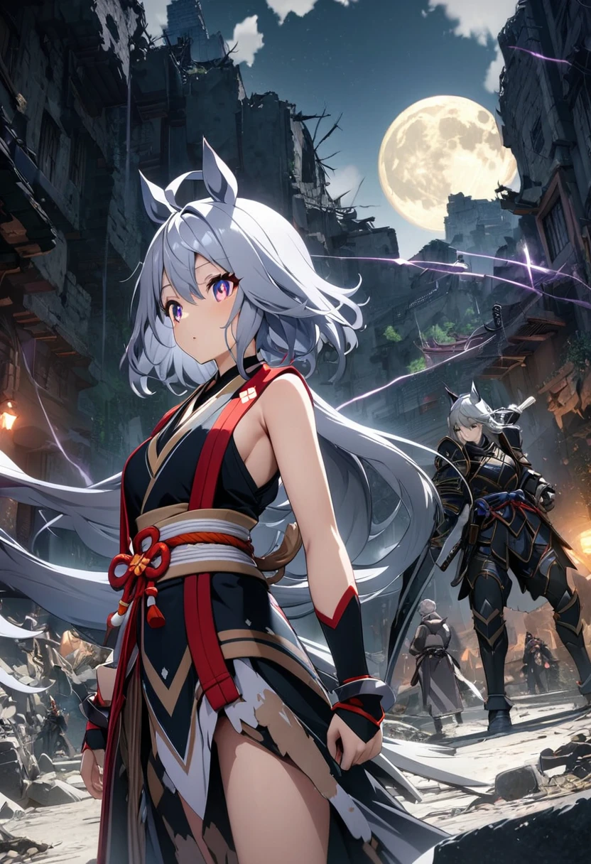 girl, , Samurai Armor, Samurai Pearl, knife、Purple lightning flashes in the background、Gray Hair、Decaying ruins,(((masterpiece))),Highest quality, figure,(Beautiful detailed girl),Exposing shoulders,flat_CHST,Diamonds and sparkling eyes,Beautiful and detailed cold face,Very long blue and silver hair,Floating black feather,Moon of night，, Best Quality, Highly detailed CG Unity 8k wallpaper, anime「Horse Girl」Characters. A detailed illustration of Kitasan Black,  Horse&#39;s ears, Light effects, thunder efect, The background is dark、The light of the spotlight, Motion Blur, Character border depth, Cinema Lighting, Bokeh Photo, (Soft Focus):1.2, Out of focus highlights, Dreamy mood, Glowing circle, Fascinating Depth, 