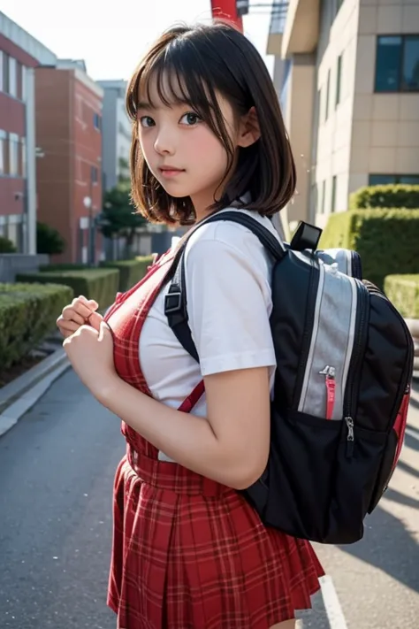 5th grade elementary school student、beautiful girl、short cut、big breasts、red elementary school backpack、