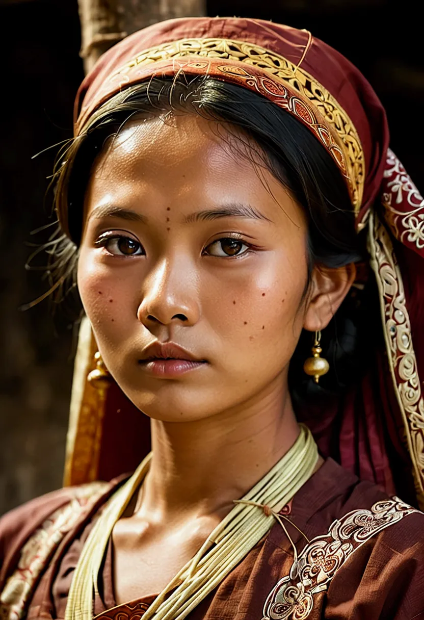 a portrait of a burmese woman with an oval face shape and round cheeks, large expressive eyes with soft double eyelids, a gentle...