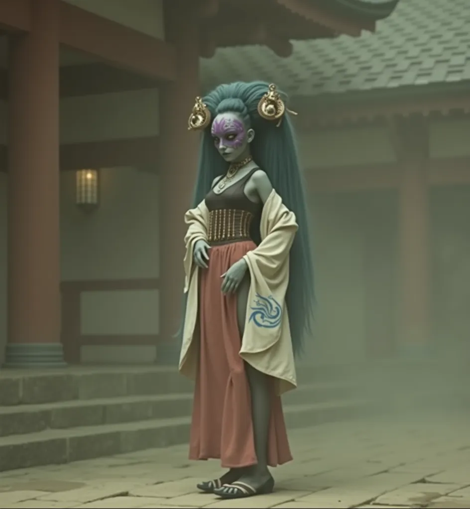 picture of an tall woman, (((pale blue/green colored skin))), (slight pixar style), (((realistic))), ((long legs)), ((thick thighs)), ((curvy hips)), long neck, ((dark blue hair with multiple rolls up into a geisha updo)), (((two tiny gold spikes coming out of the hair rolls))), ((geisha hair style)), (((wearing a purple aztec mask))), ((creepy wooden face mask)), (((two oversized white tassels on either side of the mask))), (oversized white rope attaching the mask to he head), wearing a pale red kataginu wide shoulder robe over a white short kimono with long baggy draped sleeves, blue swirling thorn kimono patterns on the end of the sleeves, green obi belt, (((skin-tight black shiny latex tights))), black oiran shoes, geta, black geisha shoes, arrogant stance, one hand up and in front, other hand behind her, intimidating stance, side on facing the camera, ((hunched over)), ((leg in front of another)), (dancer pose), looking at the camera, in an ominous misty japanese temple courtyard, (((full body shot)))