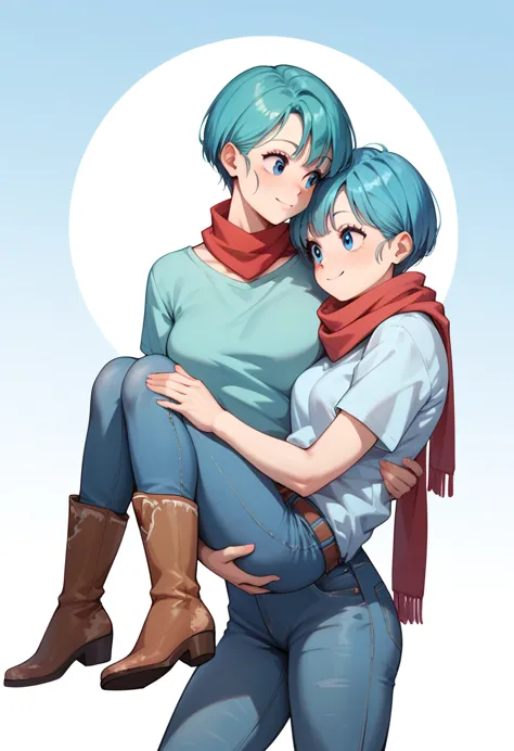 original style, bulma, short hair, blue eyes, blue hairwhite short-sleeved shirt, jeans, red scarf around the neck, cowboy boots...