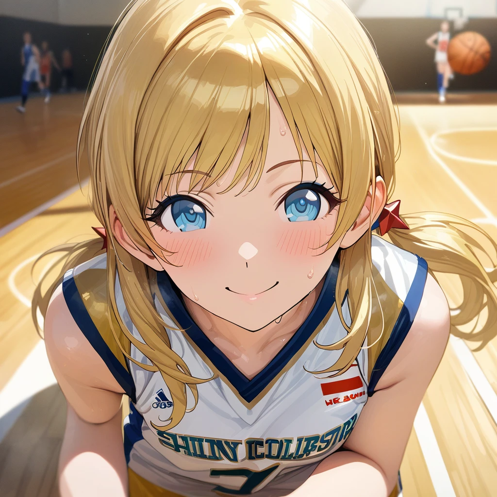 (masterpiece),(Highest quality),(Very detailed),(Best illustrations),(Best Shadow),(Absurd),(Detailed Background),(so beautiful), 4K, 8K,
Official Style,

Meguru Hachimiya, blonde hair, long hair, blue eyes,

the idolmaster shiny colors,
low twintail,
chest,
smile,
blush,
sweat,

basketball uniform,

Japan,
gym,
Background Blur, 
focus on face,
realistic skin,