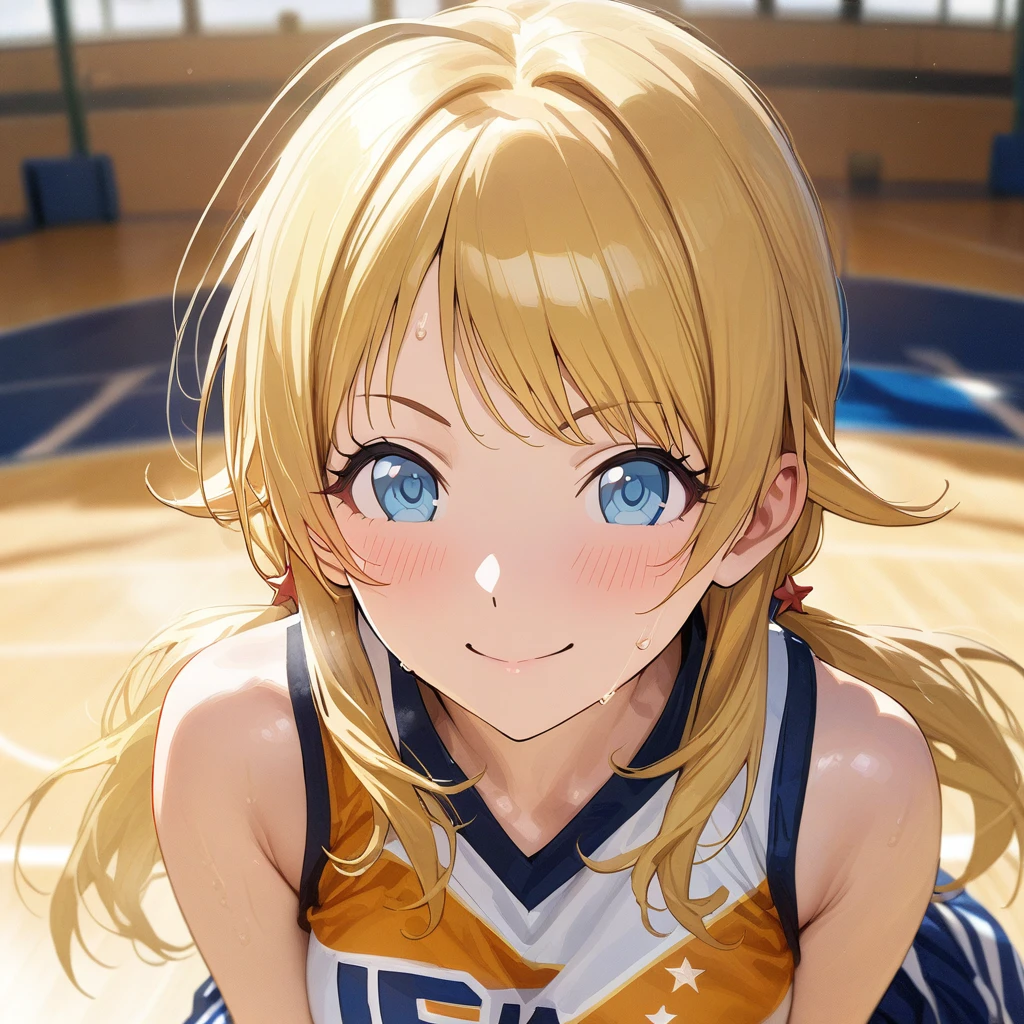 (masterpiece),(Highest quality),(Very detailed),(Best illustrations),(Best Shadow),(Absurd),(Detailed Background),(so beautiful), 4K, 8K,
Official Style,

Meguru Hachimiya, blonde hair, long hair, blue eyes,

the idolmaster shiny colors,
low twintail,
chest,
smile,
blush,
sweat,

basketball uniform,

Japan,
gym,
Background Blur, 
focus on face,
realistic skin,