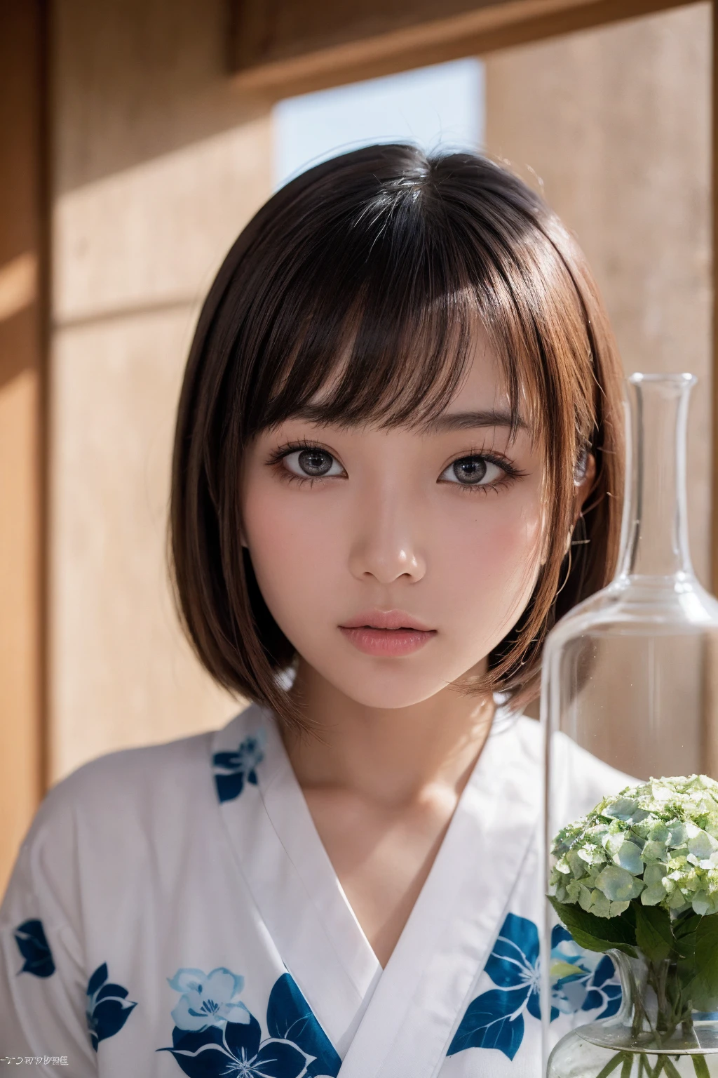 One Girl, (Beautiful girl, Delicate girl:1.3), (:1.3), break, (yukata, Japanese national costume:1.2), break, (Glass Vase, Hydrangea:1.2), break, Very nice eyes, (Symmetrical eyes:1.3), break, (Big Boobs:1.1), Brown eyes, Parted bangs, Brown bob hair, Round face, break, (Detailed eyes and face:1.0), break, (masterpiece, Best Quality, Super detailed, Detailed face, 8k)