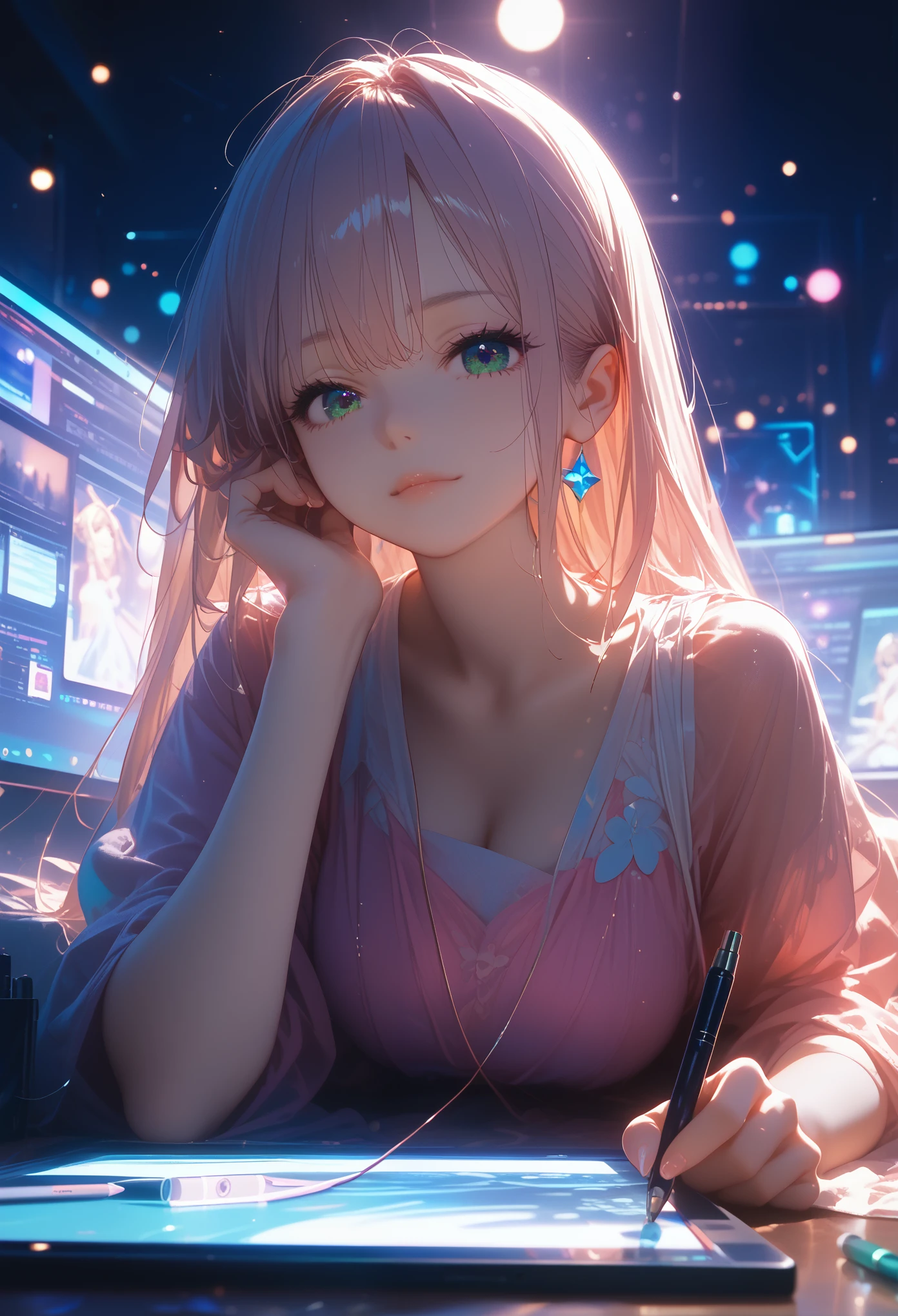 Anime Girl Beauty, ideal anatomy, Bright, sexy,Pen in Hand and Tablet, sits at the monitor, neon light falls on her beautiful face, There are Small Objects on the table, Full Detailing, masterpiece, bright colors, score_9, score_8_up, score_7_up, dramatic lighting, highly detailed, high budget, bokeh, cinemascope, moody, epic, gorgeous, film grain, grainy, masterpiece, best quality, perfect anatomy, very aesthetic, official art, 8k, Shine,
