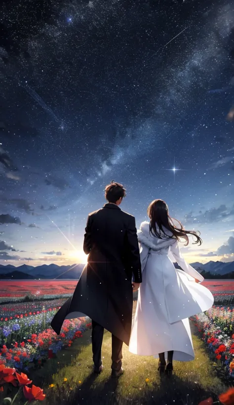 starry sky，animated scene of a couple standing in a flower field,rear view，understanding facial expressions，the man is wearing a...