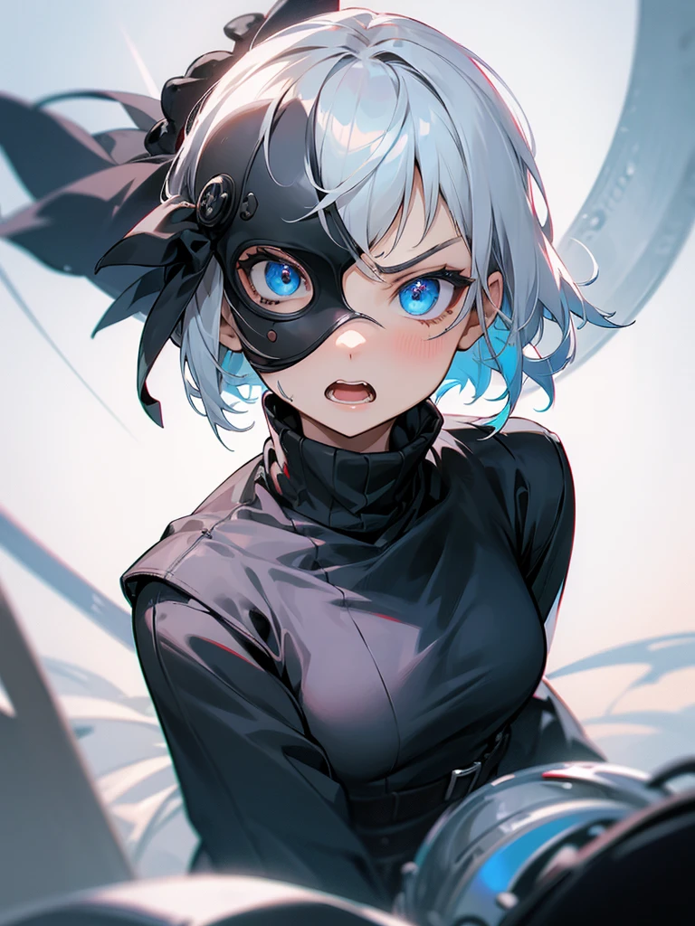 A girl with short white hair,Wear an eye patch. ,Blue eyes,Cute, cute,Black turtleneck sweater,middle bust,Angry face, open mouth