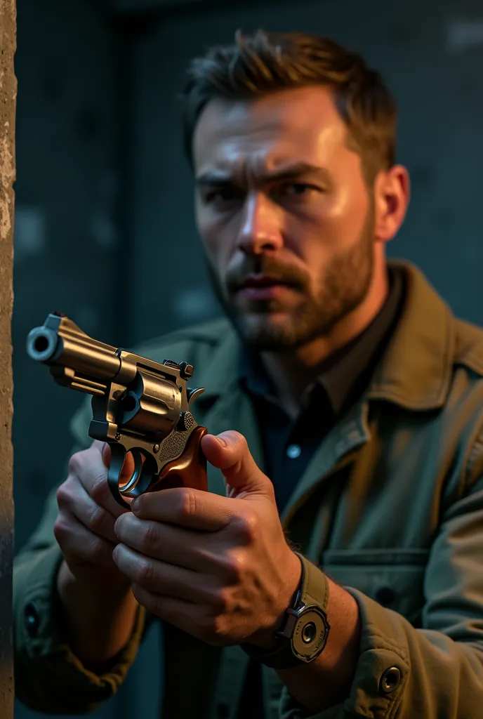 Homme en train de recharger les munitions d'un Colt Python 357 Magnum (action du rechargement très réaliste), style photoréaliste 8K