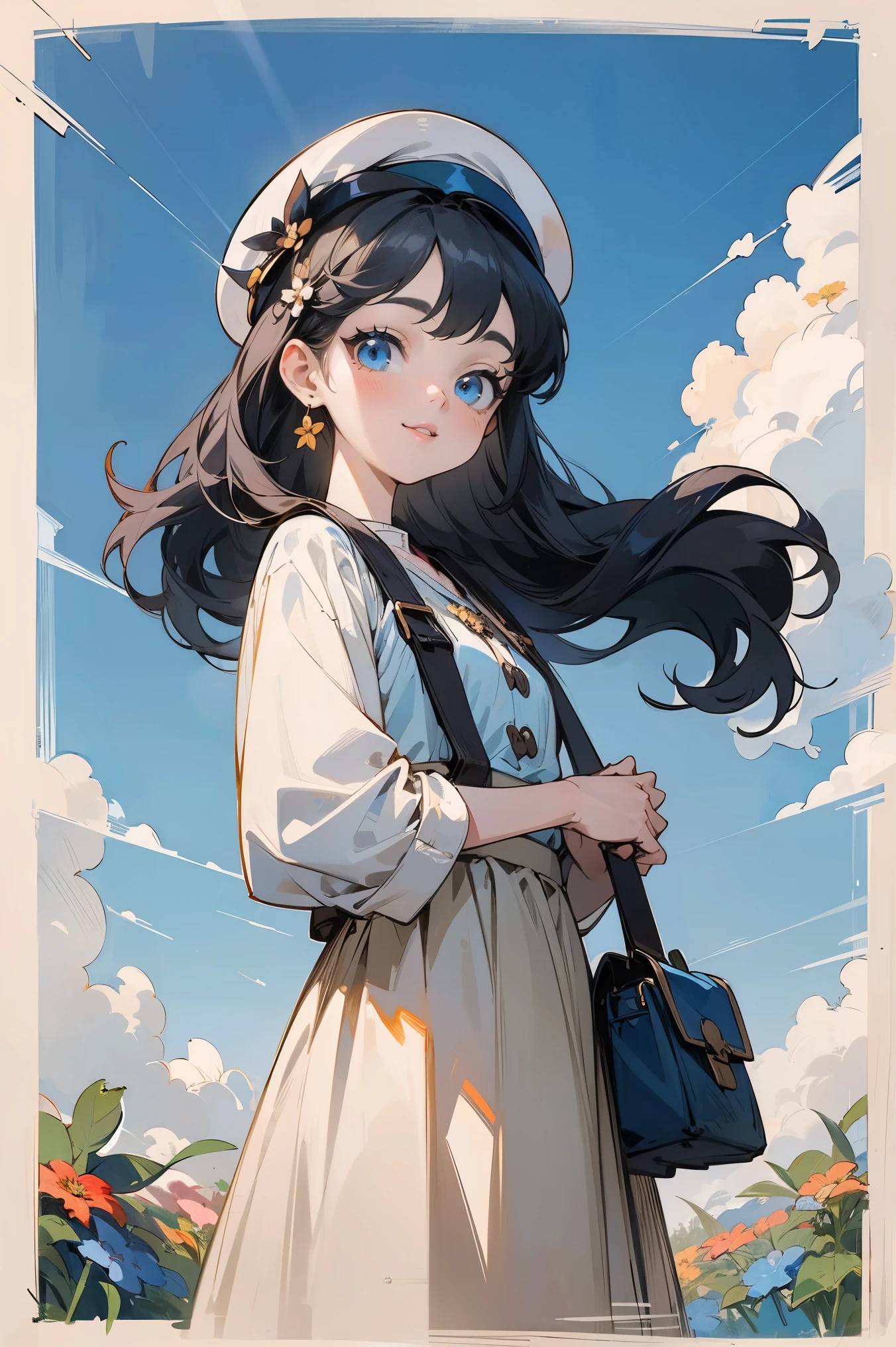 (masterpiece), (masterpiece), (Super detailed),(The best shadow:0.4), (最佳illustration), anime style，illustration,  1 girl, alone, long hair，dress, flowers，blue sky, Baiyun, Sunlight, ,beret，Crossbody Bags, Smile，pretty face