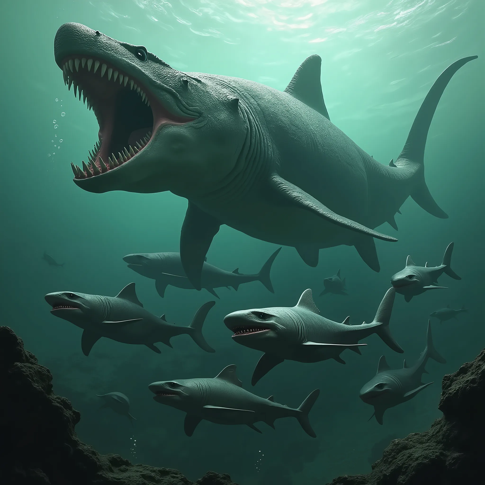 A gang of Helicoprion with a Mega Kronosaurus as leader.