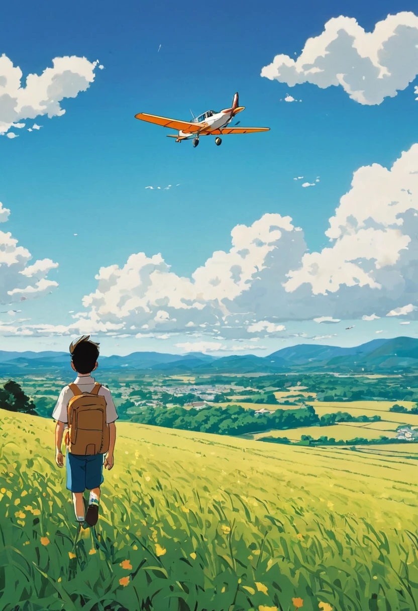 Draw a simple Tintin style art of a boy in a field with a detailed plane flying overhead in a field, anime nature, anime nature wallpap, animated background, beautiful animated landscape, beautiful anime scene, animated landscape, animated landscape, animated landscape wallpaper, Makoto Shinkai!, anime beautiful peace scene, anime countryside landscape, animated background art, Makoto Shinkai!!, anime movie background