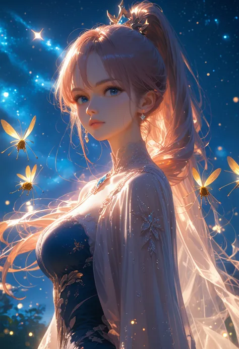 anime girl, in ordinary clothes everyday beautifully dressed, long hair ponytail, looks at the stars, which are very bright and ...