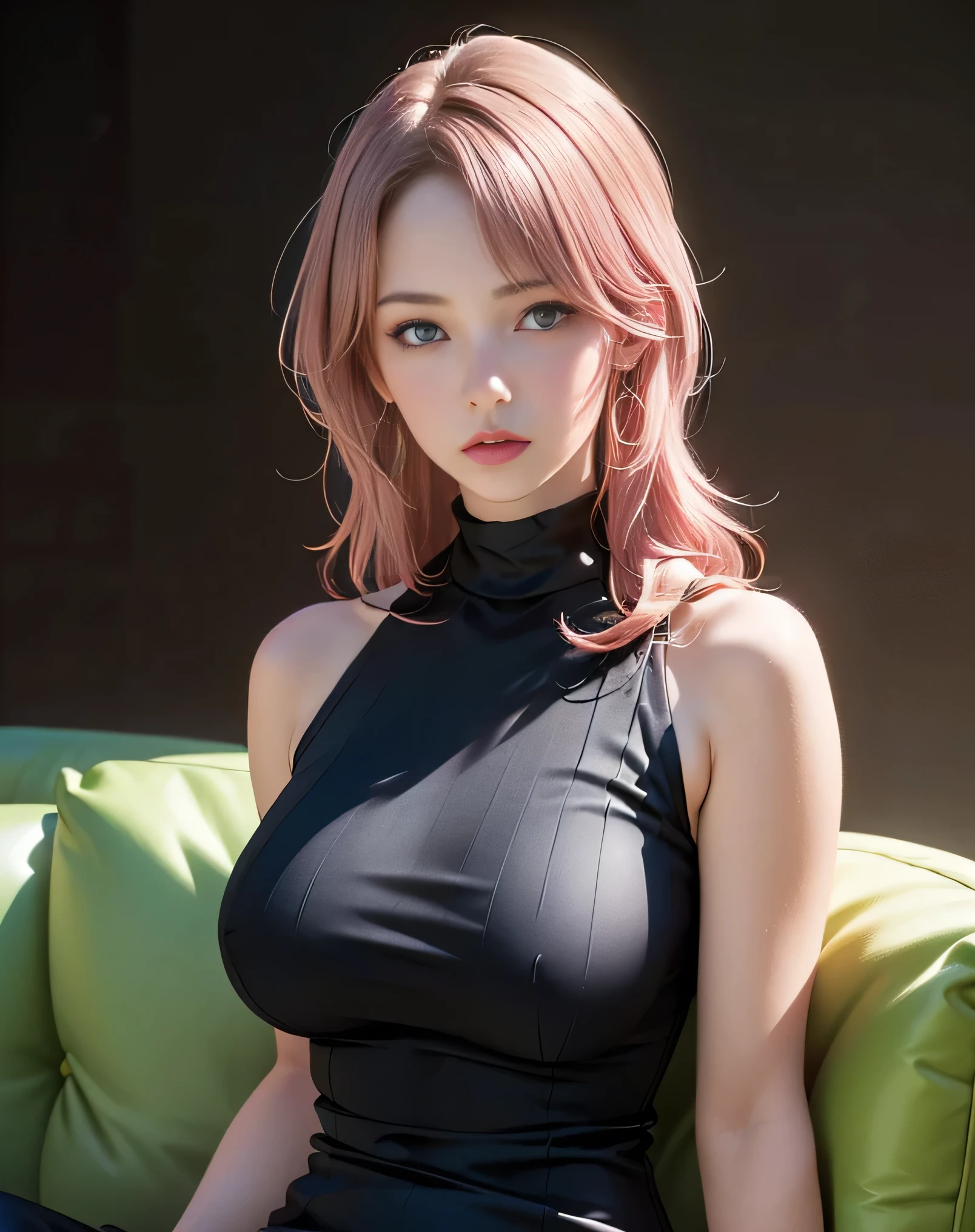 (photorealistic:1.6),(High resolution:1.6),(1 girl:1.5),(Beautiful face:1.2),(cool beauty:1.5),(Large saggy breasts),(Slender body:1.2),aamiyako, pink hair,long hair, earrings,(Black High neck dress),(Sleeveless),Shy face,(tight Slit dress),(Sitting on the sofa)