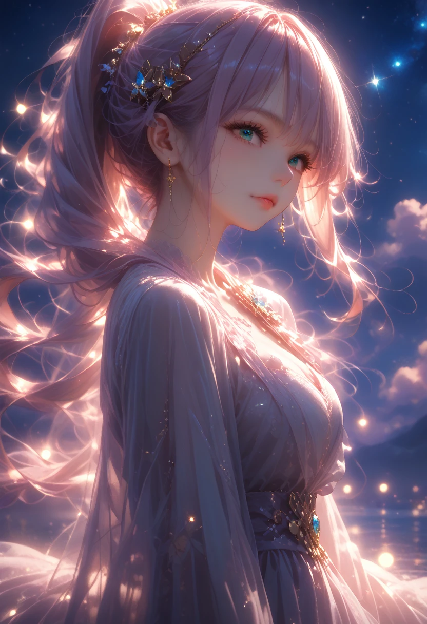 anime girl, in Ordinary Clothes everyday Beautifully Dressed, Long Hair Ponytail, Looks at the Stars, which are very bright and beautiful, The sky sparkles, night, Very Beautiful Stardust Sparkles Like Fog, Beautiful views, bright colors, masterpiece,  core_9, score_8_up, score_7_up, dramatic lighting, highly detailed, high budget, bokeh, cinemascope, moody, epic, gorgeous, film grain, grainy, masterpiece, best quality, perfect anatomy, very aesthetic, official art, 8k,