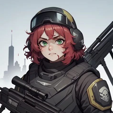 female helldiver sniper without helmet, messy red hair, freckles, green eyes, and a burn scar on her left eye. holding a sniper ...