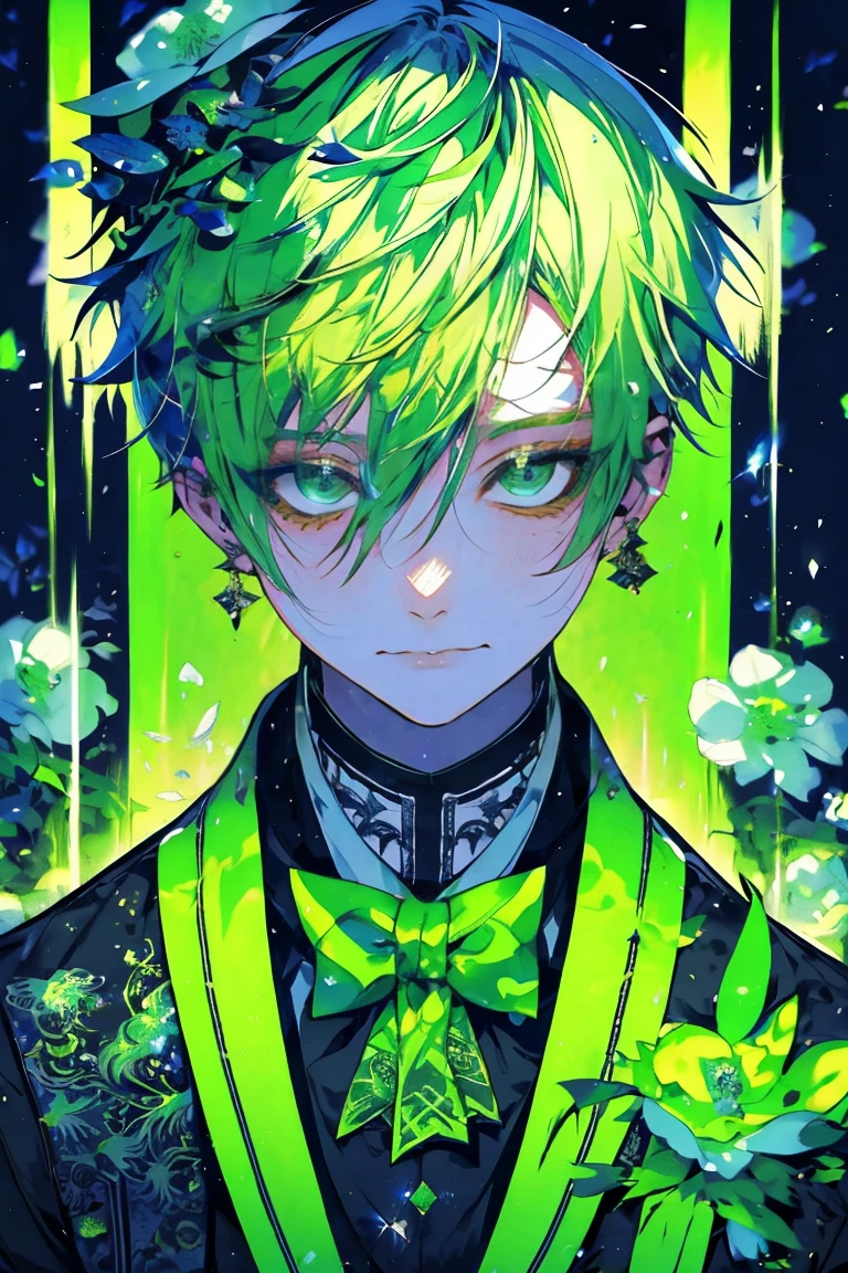 masterpiece,high quality,impasto,1boy,light green hair,((jester)),handsome,slender,ephemeral,beautiful,sad smile,white shirt,black vest,blurred makeup by tears,side face,focus on face