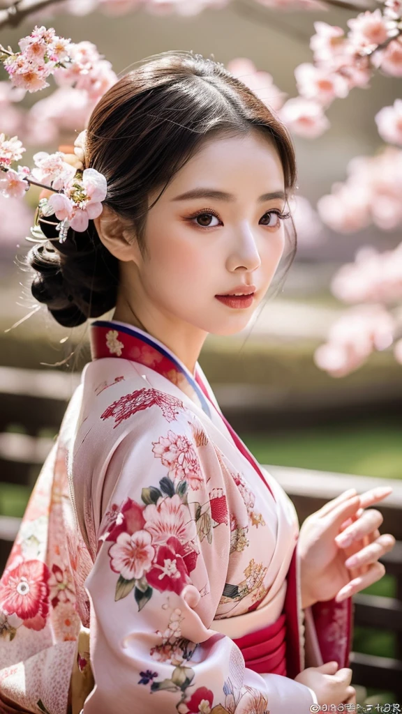 amazing detailed kimono, beautiful geisha, intricate traditional japanese dress, elegant asian woman, floral pattern kimono, delicate silk kimono, detailed facial features, detailed eyes and lips, long flowing hair, graceful pose, serene expression, cherry blossom background, natural lighting, muted color palette, cinematic composition, photorealistic, 8k, highly detailed, masterpiece, sharp focus