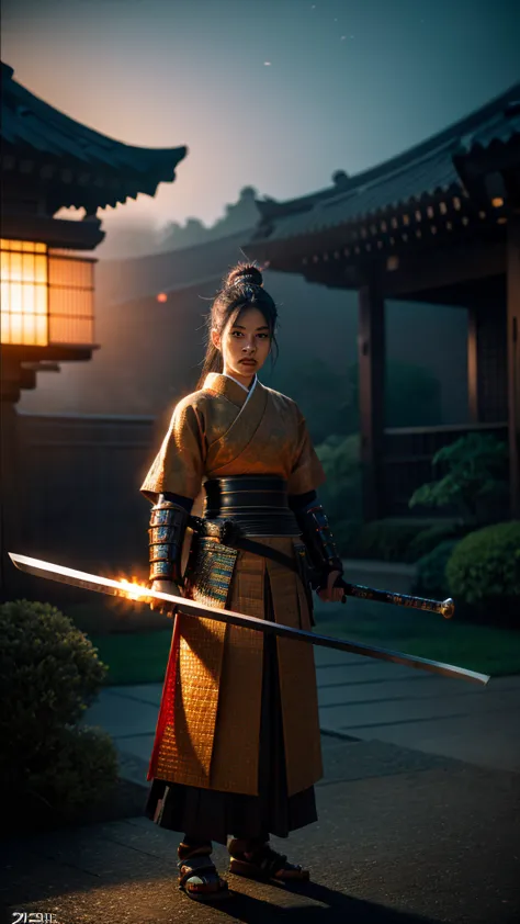 a samurai warrior in a traditional japanese garden, detailed armor and sword, dynamic pose, cinematic lighting, digital painting...