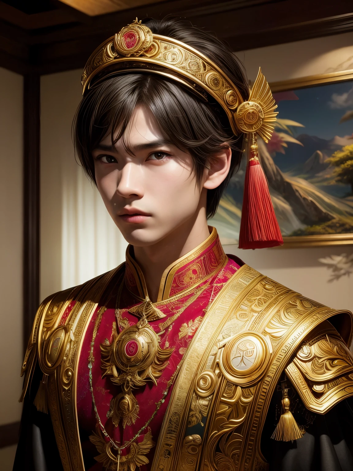 (high quality), (masterpiece), (hyper-realistic), 8K, Captivating portrait depicts (young Japanese boy1.4) in (ornate Vietnamese fantasy attire1.3), his upper body framed against a (backdrop shrouded in mystery1.2). The (intricate details1.4) of his costume and (intense gaze1.3) command the viewer's attention, creating a sense of (immersive realism1.4). Trending on Artstation.