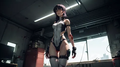 1girl_(kusanagi_motoko:1) solo guro amputee bad_end black_hair bodysuit disintegration  ((cable cyberpunk)) (cyborg) (damaged de...