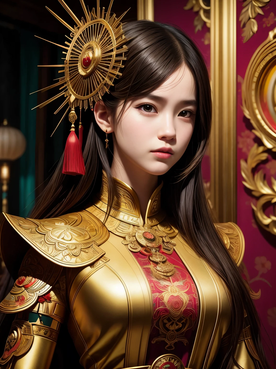 (high quality), (masterpiece), (hyper-realistic), 8K, Captivating portrait depicts (young Japanese girl1.4) in (ornate Vietnamese fantasy attire1.3), her upper body framed against a (backdrop shrouded in mystery1.2). The (intricate details1.4) of her costume and (pensive, thoughtful expression1.3) command the viewer's attention, creating a sense of (immersive realism1.4). Trending on Artstation.