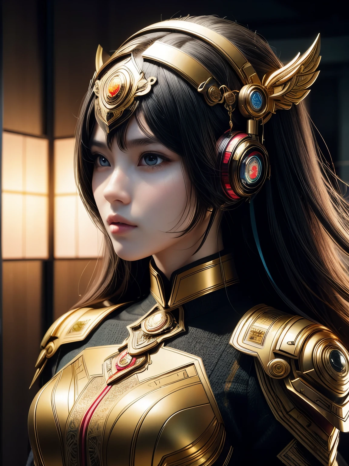 (high quality), (masterpiece), (hyper-realistic), 8K, Captivating portrait depicts (young Japanese girl1.4) in a (futuristic blend of modern and Vietnamese fantasy attire1.3), her upper body framed against a (backdrop shrouded in a sleek, technological aura1.2). The (intricate details1.4) of her costume and (pensive, thoughtful expression1.3) command the viewer's attention, creating a sense of (immersive realism and technological wonder1.4). Trending on Artstation.