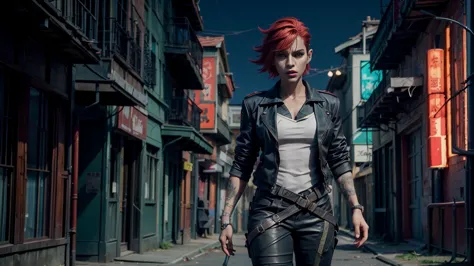 dv de arcane,, uma mulher com red hair, cyberpunk woman anime woman, pants, beautiful angry cyberpunk goddess, cyberpunk artstyl...