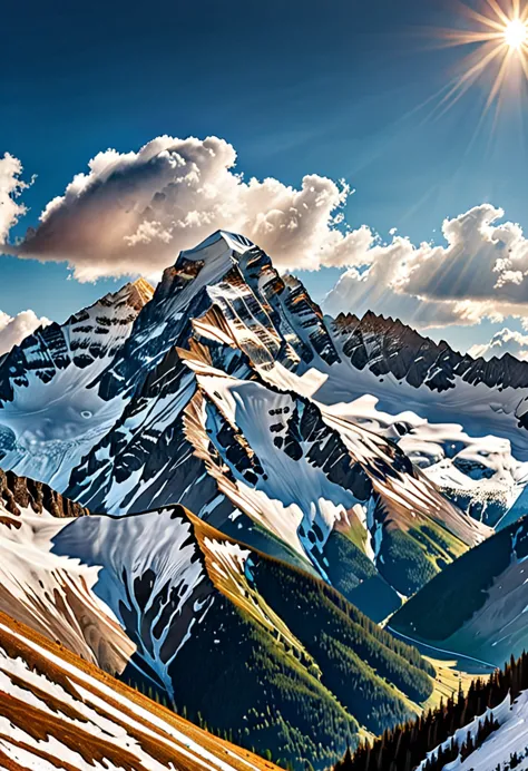 create a realistic photo of a mountain range with snow-capped peaks of varying heights and shapes. there should be fluffy white ...