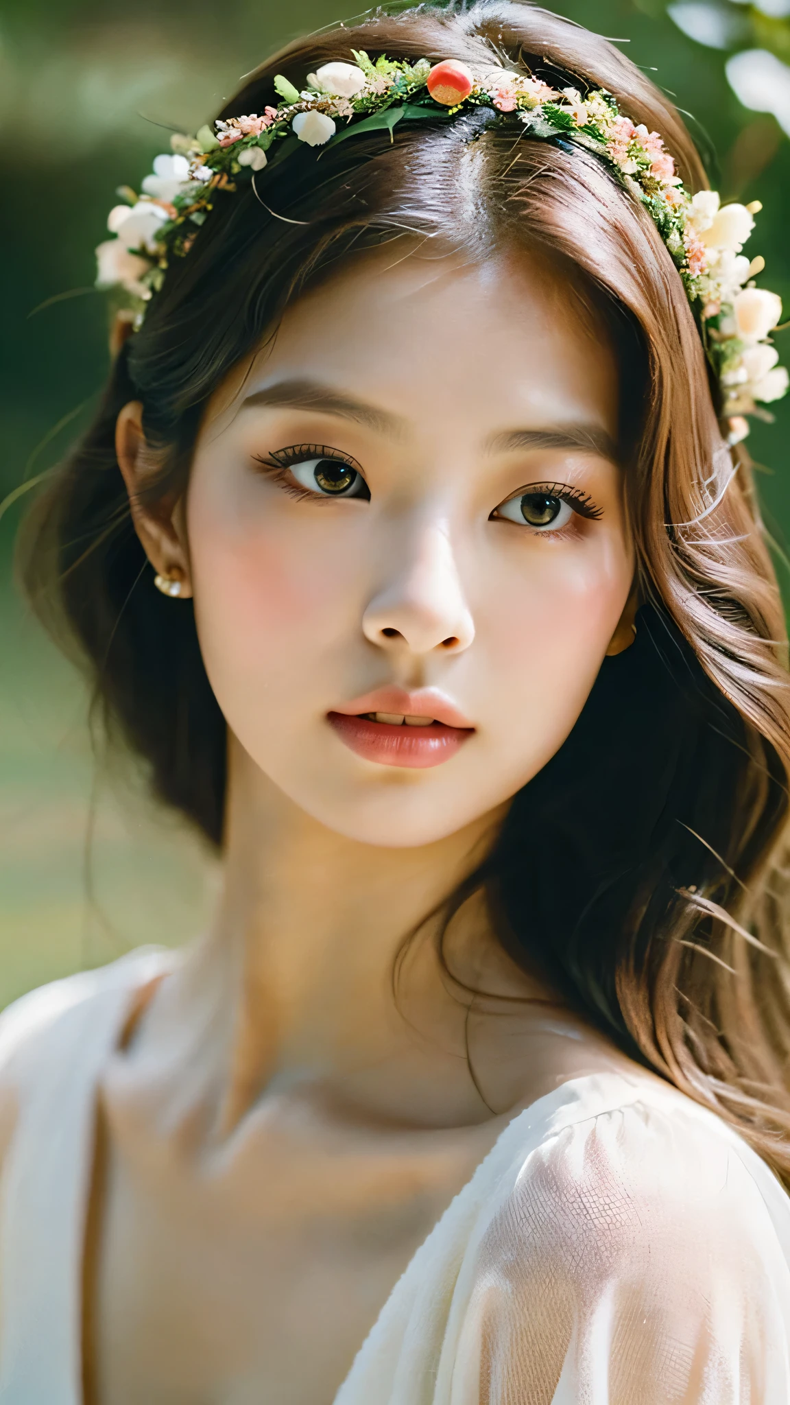 portrait of a young woman, dreamy expression, soft focus, vintage style, flowers, flower bouquet, flower crown, kim jennie, beautiful detailed eyes, beautiful detailed lips, extremely detailed face, long eyelashes, elegant pose, natural lighting, cinematic, warm color palette, film grain, timeless beauty, jennie kim