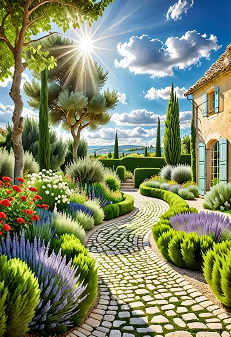 create a realistic photo of a country garden in the provence style. there should be fluffy white clouds in the frame., drifting ...