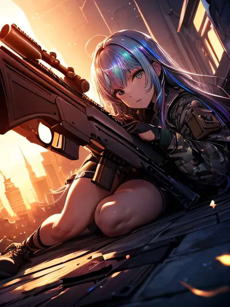 an elite sniper aiming at her victim, on top of a building, lying down (((using a long-range rifle))), laser sight, camouflage c...