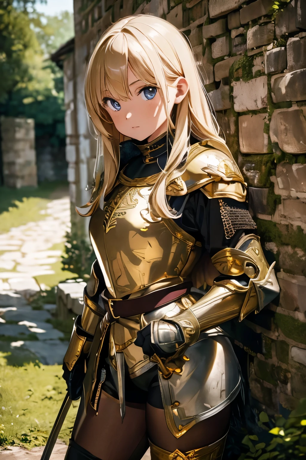 (masterpiece), best quality, expressive eyes, perfect face, 1girl, knight, gold armour, white shirt, black shorts, white pantyhose, gold bracers, black gloves, plate armour, knee boots, blonde hair, long hair, walking, knight, paladin, ranger, pirate, armor, rogue, torch, wooden doors, ruins, abandoned, old, moss, stone wall, underground, dungeon, dungeon-background, iron doors, medieval-armor-girl, armored, p line, yoga shorts, 