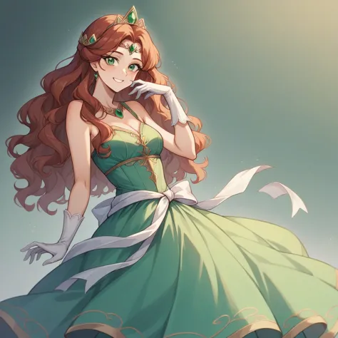 1girl, solo, looking at viewer, long hair, wavy hair, auburn hair, emerald green eyes, tiara, princess, silk mint green dress, w...