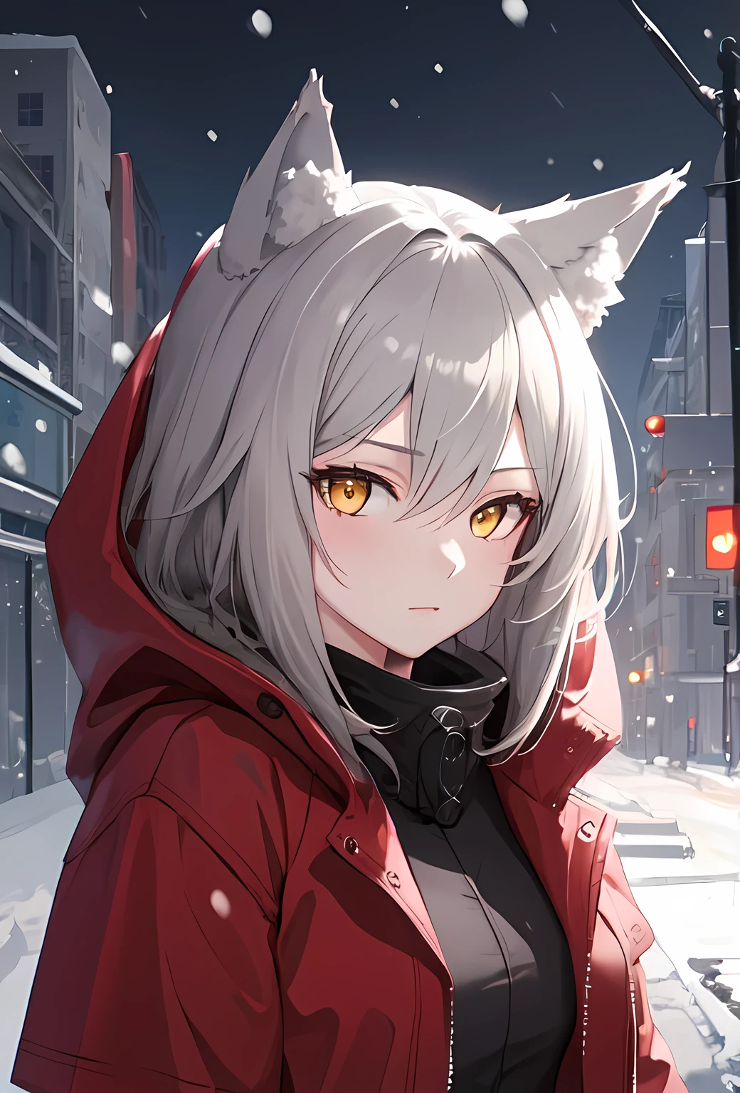 (safe:1.10), best quality, masterpiece, high resolution, solo, girl, gray hair, wolf ears, yellow eyes, red coat, (projekt_red_arknights:0.8), looking at the viewer, city backgrounds, snowfall,