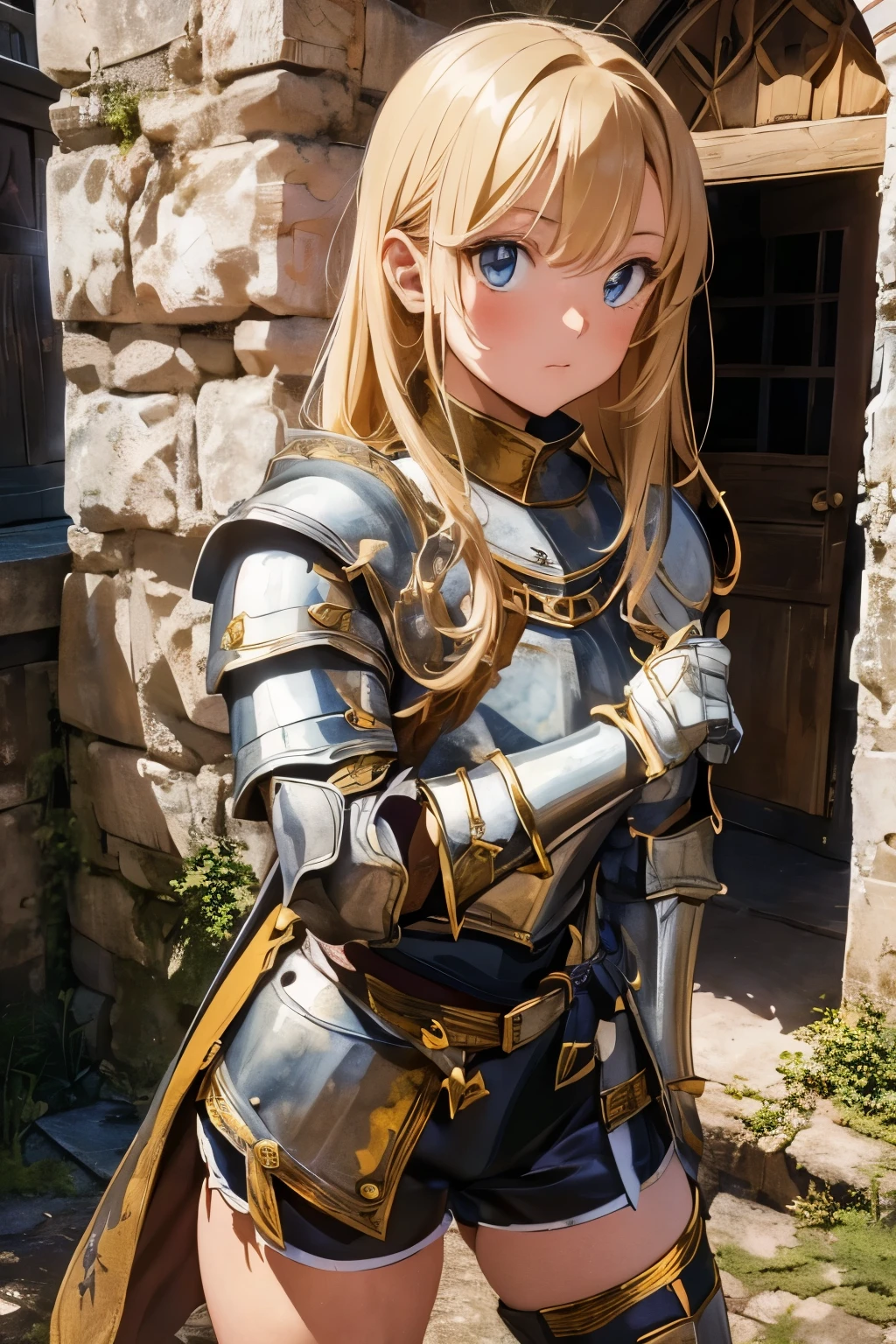 (masterpiece), best quality, expressive eyes, perfect face, 1girl, knight, gold armour, white shirt, black shorts, white pantyhose, gold bracers, black gloves, plate armour, knee boots, blonde hair, long hair, walking, knight, paladin, ranger, pirate, armor, rogue, torch, wooden doors, ruins, abandoned, old, moss, stone wall, underground, dungeon, dungeon-background, iron doors, medieval-armor-girl, armored, p line, yoga shorts, retro anime, 1990s anime, (cinematic lighting), (illustration), anime, (((best quality))), best quality