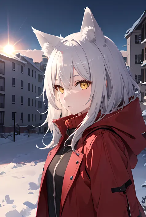 (safe: 1.10), best quality, masterpiece, high resolution, solo, girl, silver hair, wolf ears, yellow eyes, red coat, (red arknig...