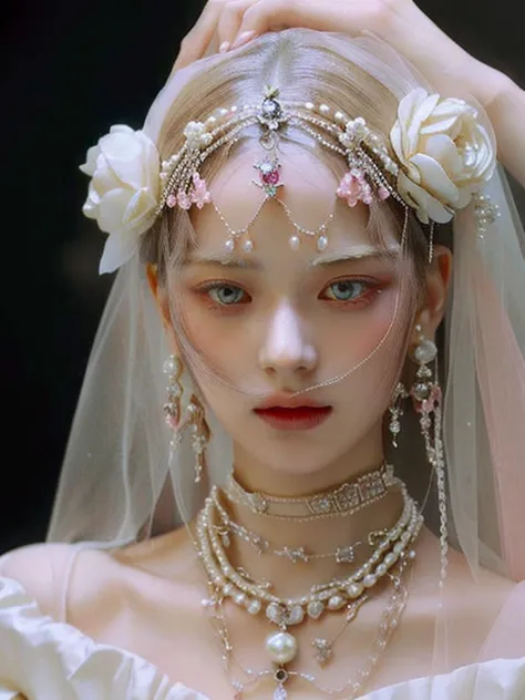 a close up of a woman wearing a veil and pearls and pink eyes, in a high renaissance style, in a renaissance style, ethereal bea...