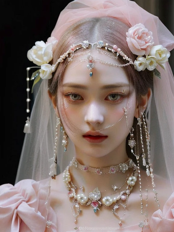 a close up of a woman wearing a veil and pearls and pink eyes, in a high renaissance style, in a renaissance style, ethereal beauty, pearls and chains, porcelain pale skin, delicate androgynous prince, incredibly ethereal, veils and jewels, beautiful with eerie vibes, ethereal fairytale, futuristic and ethereal inspired 