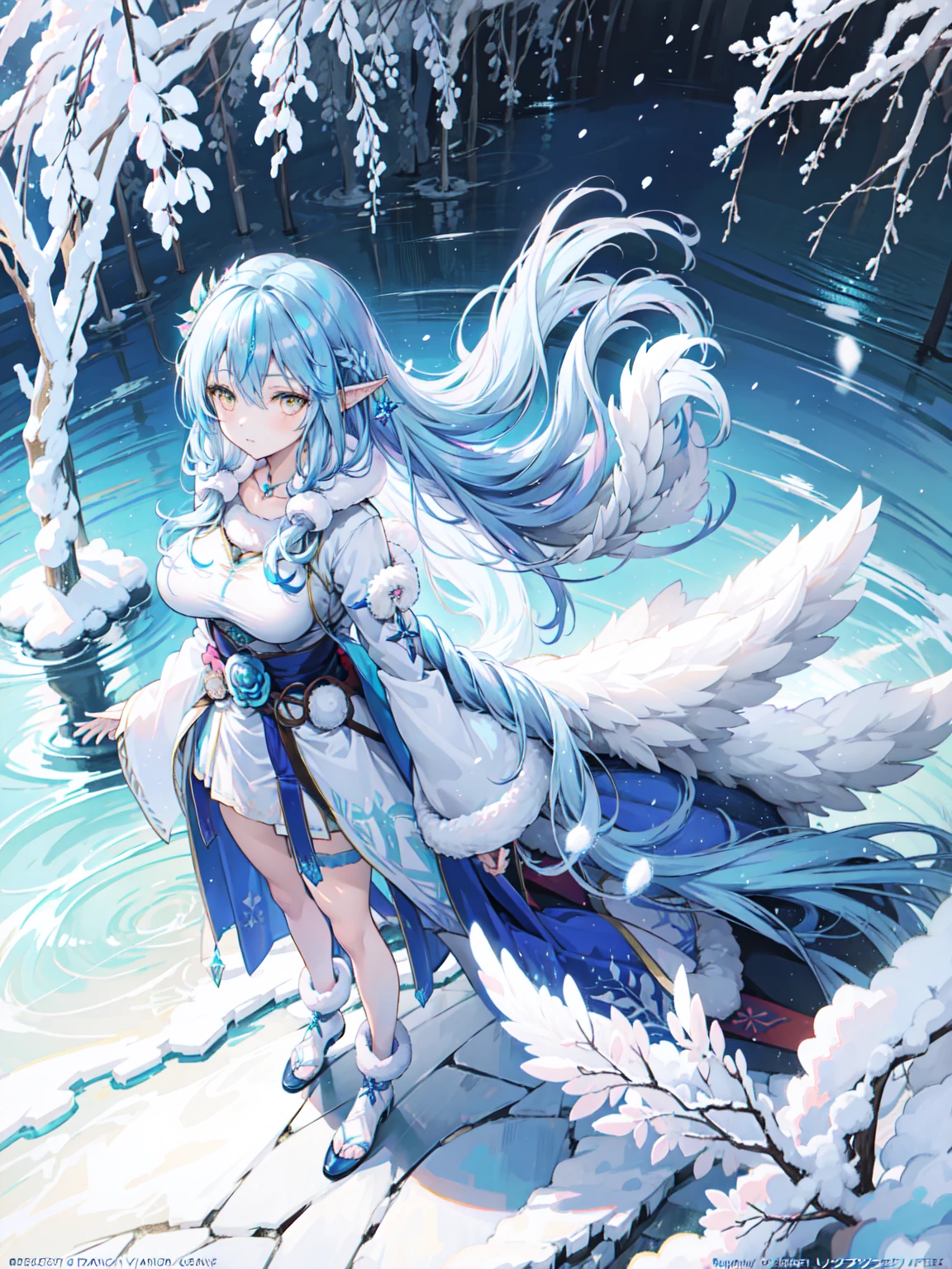 Anime girl in the snow, Fantasy illustrations, Flowing hair， Beautiful young wind elf, Beautiful fantasy anime, Shiny and flowing hair, Ethereal Anime, Beautiful anime artwork, Beautiful digital artwork, Anime Fantasy Artwork, ((Beautiful fantasy queen)), 2. 5 d cgi Anime Fantasy Artwork，Yukihana Lamy