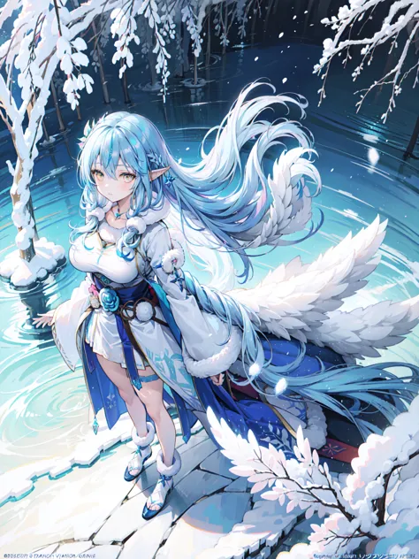 anime girl in the snow, fantasy illustrations, flowing hair， beautiful young wind elf, beautiful fantasy anime, shiny and flowin...