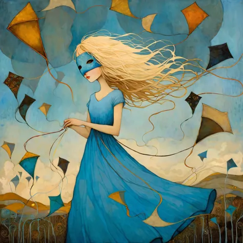 oil and acrylic painting. in the style of dave mckean, klimt,  andy kehoe . a blond girl in a light blue dress is barely holding...