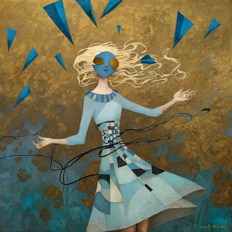 oil and acrylic painting. in the style of dave mckean, klimt, andy kehoe . a blond girl in a light blue dress is barely holding ...