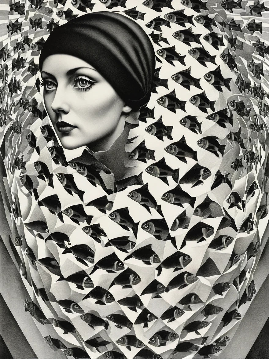 portrait of  a woman with a hat on her head, An optical paradox:1.2 unfolds as fish:1.1 swim in an eternal waterfall:1.2, their scales reflecting the intricacies of tessellation:1.1, a nod to the artist's obsession:1.2. , art by escher, 