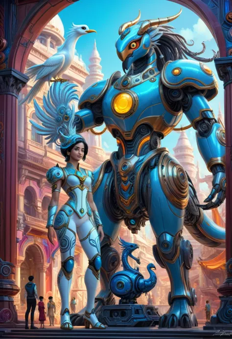 a medium quality digital painting of aladdin and white phoenix standing beside an epic robot statue, inspired by thinking machin...