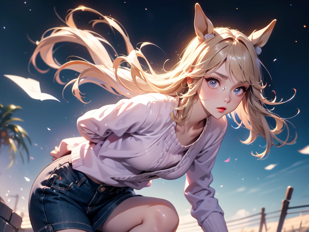 solo、alone、Horse ear woman、Leaning forward、Wearing glasses、Pink lipstick、Cheek makeup、(Cable knit sweater)、Knee-high socks、Hunting hat、Night starry sky、Strong winds、Center of chest、Serious face、Cut-in、anime、UHD、masterpiece、correct、Super detailed、high detail、Awards、Best Quality、High resolution、8k