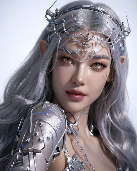 a close up of a woman with a silver hair and a crown, cyborg - girl with silver hair, portrait of a cyborg queen, hyperdetailed ...