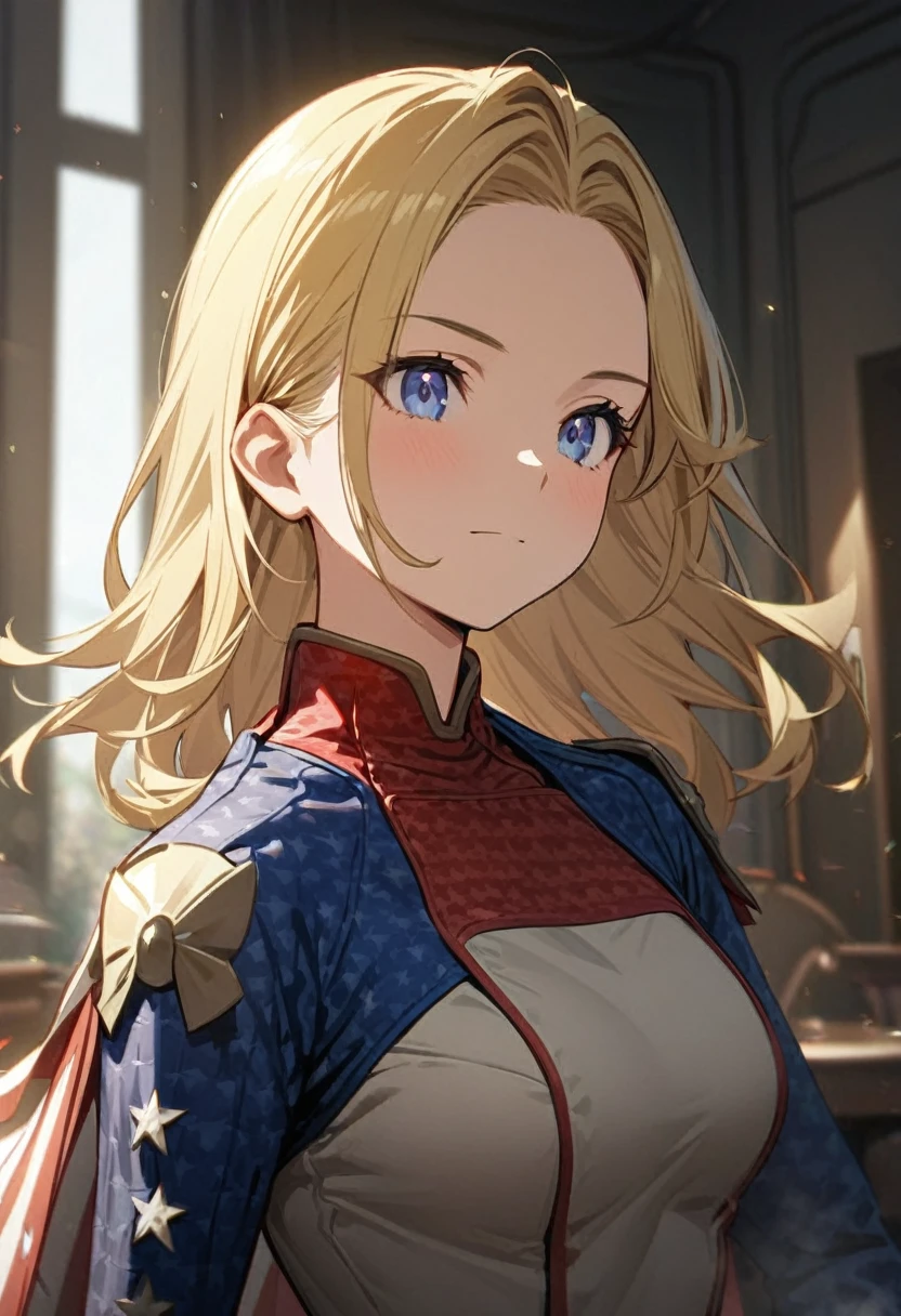 A girl,Wearing Homelander's clothes, best quality Full HD Ultra 4K Max, perfect face, blonde hair