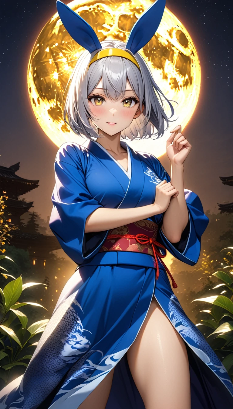 (masterpiece, best quality:1.2), cute, 32K, hdr, high details, perfect lighting, perfect anatomy, shoot from distance, full body, BREAK (shiny silver hair:1.2), (bob cut, bang between eyes, beautiful hair), (glossy silver eyes:1.5), (beautiful eyes, twinkle eyes, large eyes), (athlete body, slender, large breasts), cute face, beautiful face, pretty face, beautiful, best quality, good anatomy, long eyelashes, expressive eyes, Perfect Hands, perfecteyes, BREAK 1girl, (wearing yellow horseshoe-shaped hairband with blue rabbit ears:1.2), (wearing deep blue kimono and her right hand is holding Japanese blade with a blue oriental dragon pattern aura floating on the blade), (she is standing midnight garden), (dark sky, a large full moon) , battle pose, bushido style,