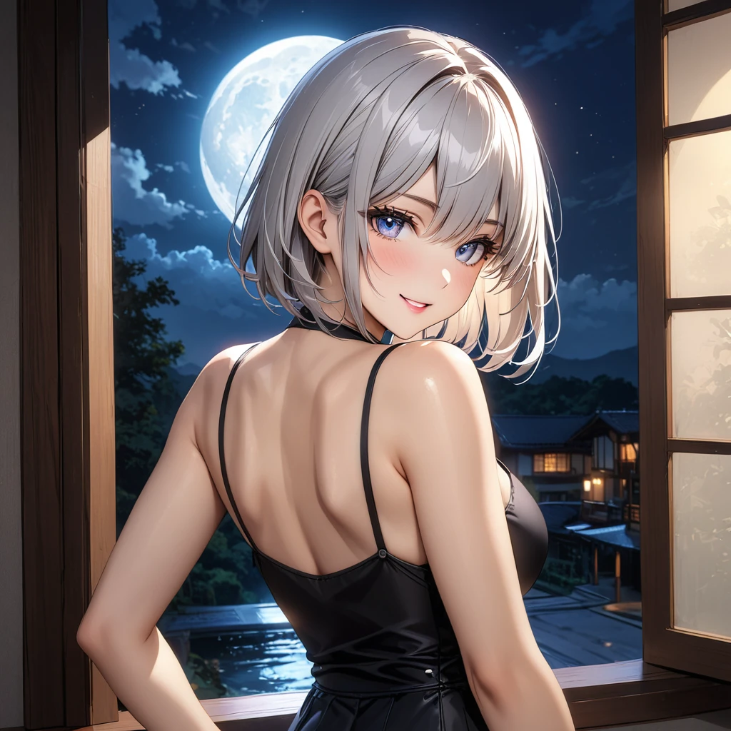 (masterpiece, best quality:1.2), cute, 32K, hdr, high details, perfect lighting, perfect anatomy, shoot from distance, BREAK (shiny silver hair:1.2), (bob cut, bang between eyes, beautiful hair), (glossy silver eyes:1.5), (beautiful eyes, twinkle eyes, large eyes), (athlete body, slender, large breasts), cute face, beautiful face, pretty face, beautiful, best quality, good anatomy, long eyelashes, expressive eyes, Perfect Hands, perfecteyes, BREAK 1girl, (wearing yellow horseshoe-shaped hairband with yellow rabbit ears:1.2), (wearing (yellow lether jacket) and black tight skirt), wearing yellow mules with thick soles, BREAK she looks back at the viewer as she walks toward the back, smile, (close left eye:1.5), BREAK (large window, midnight, dark sky, full moon)